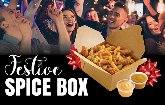 The Festive Spice Box offer is available at Newbridge Greyhound Stadium until Saturday 29th December, for groups of 4 or more people Image shows a group of people celebrating a night out with the words Festive Spice Box, the name of a special offer available this Christmas at your local greyhound Stadium