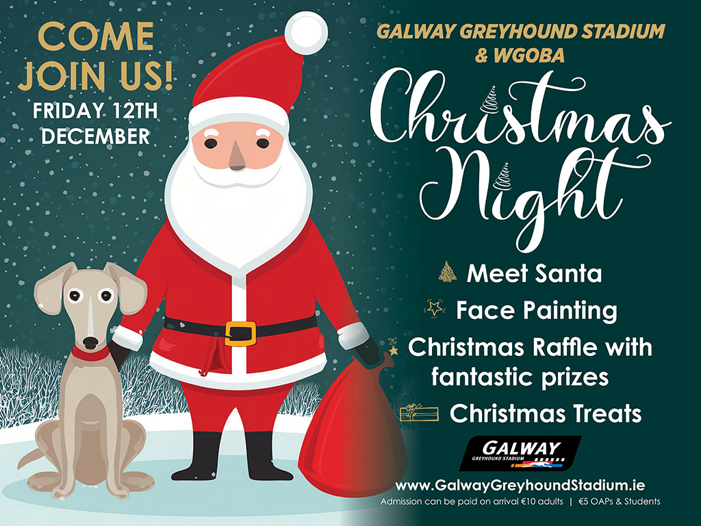 Picture shows a cartoon image of Santa and a greyhound with text to promote the festive family night at Galway Greyhound Stadium