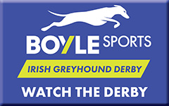 Image shows a blue button with BOYLE Sports Irish Greyhound Derby logo and the words Watch The Derby