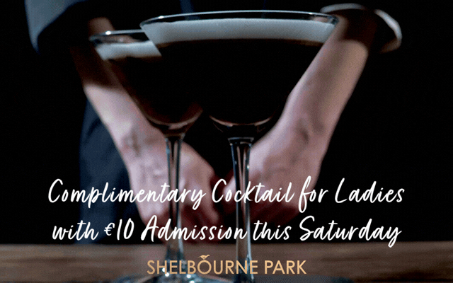 It's Ladies night in Shelbourne Park on Saturday 22nd Agusut with free cocktails, lite bites and live music before and after racing Image is a gif with a flashing neon sign with the words ladies day against a dark background with a moving image of a barman and 2 cocktails and text highlighting the free cocktail offer in Shelbourne Park on Saturday 22nd August