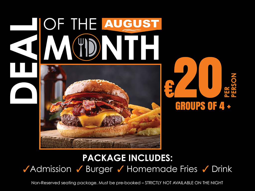 Image shows a promotional graphic for the August Deal of the Month at Limerick Greyhound Stadium. It features a black background with white and orange text outlining the offer and a picture of a burger. 