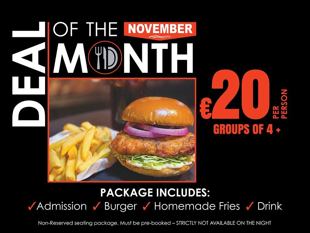 Searching for a great value night out this November? The latest Deal of the Month at Newbridge Greyhound Stadium offers entertainment, food and drink at an excellent price. Image shows a promotional graphic for the November Deal of the Month at Newbridge Greyhound Stadium. It features a black background with white and orange text outlining the offer and a picture of a burger.