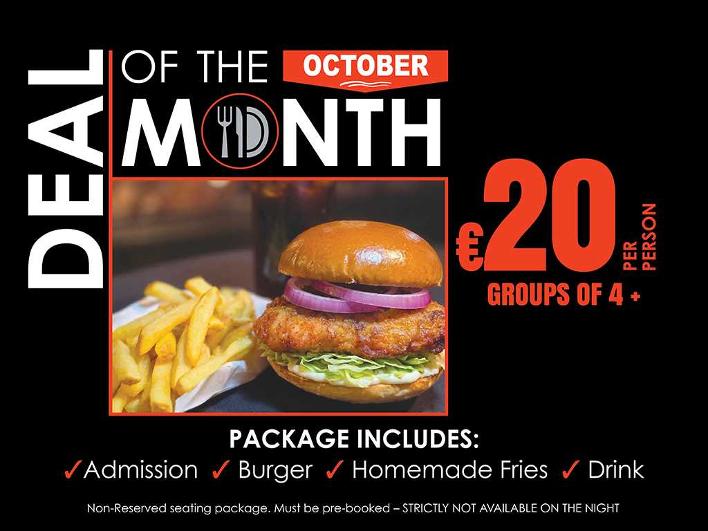 Searching for a great value night out this October? The latest Deal of the Month at Curraheen Park Greyhound Stadium offers entertainment, food and drink at an excellent price. Image shows a promotional graphic for the October Deal of the Month at Curraheen Park Greyhound Stadium. It features a black background with white and orange text outlining the offer and a picture of a burger.