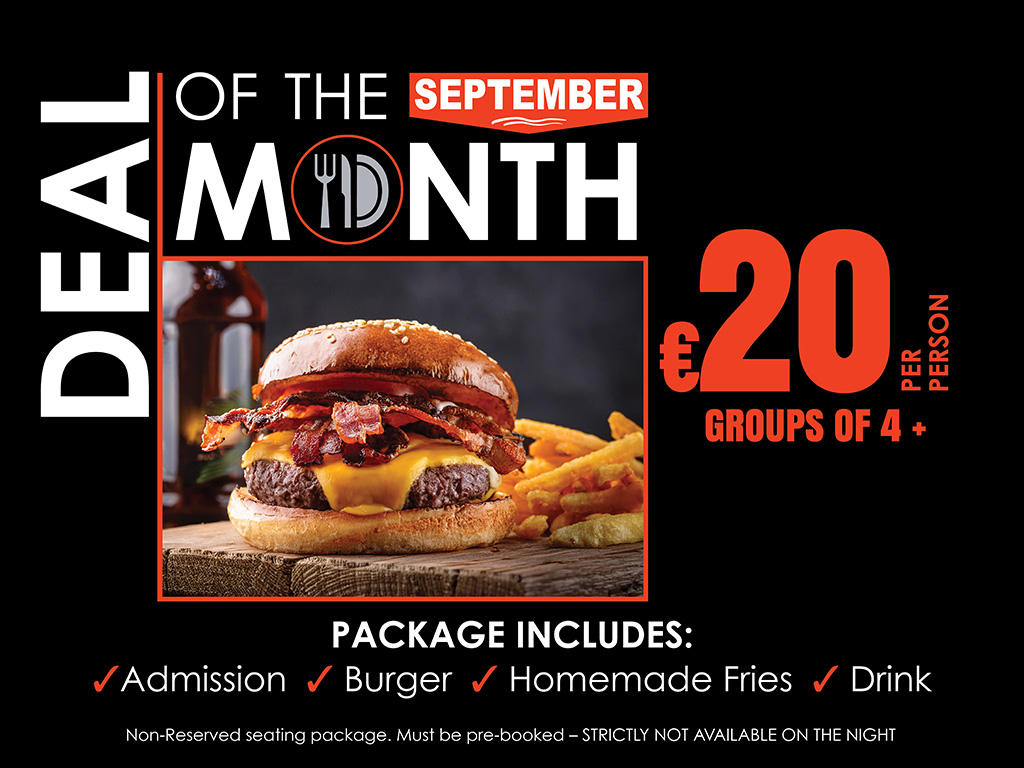 Searching for a great value night out this September? The latest Deal of the Month at Curraheen Park Greyhound Stadium offers entertainment, food and drink at an excellent price. Image shows a promotional graphic for the September Deal of the Month at Curraheen Park Greyhound Stadium. It features a black background with white and orange text outlining the offer and a picture of a burger.