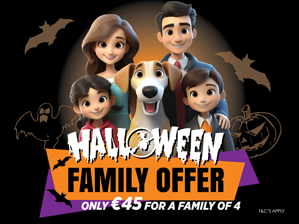 Enjoy a fun night out with the family this Halloween at Mullingar Greyhound Stadium with an excellent value offer available this October Image shows a cartoon family consisting of two adults, two children and a dog, with Halloween-themed graphics and text promoting the Halloween Family Offer at Mullingar Greyhound Stadium