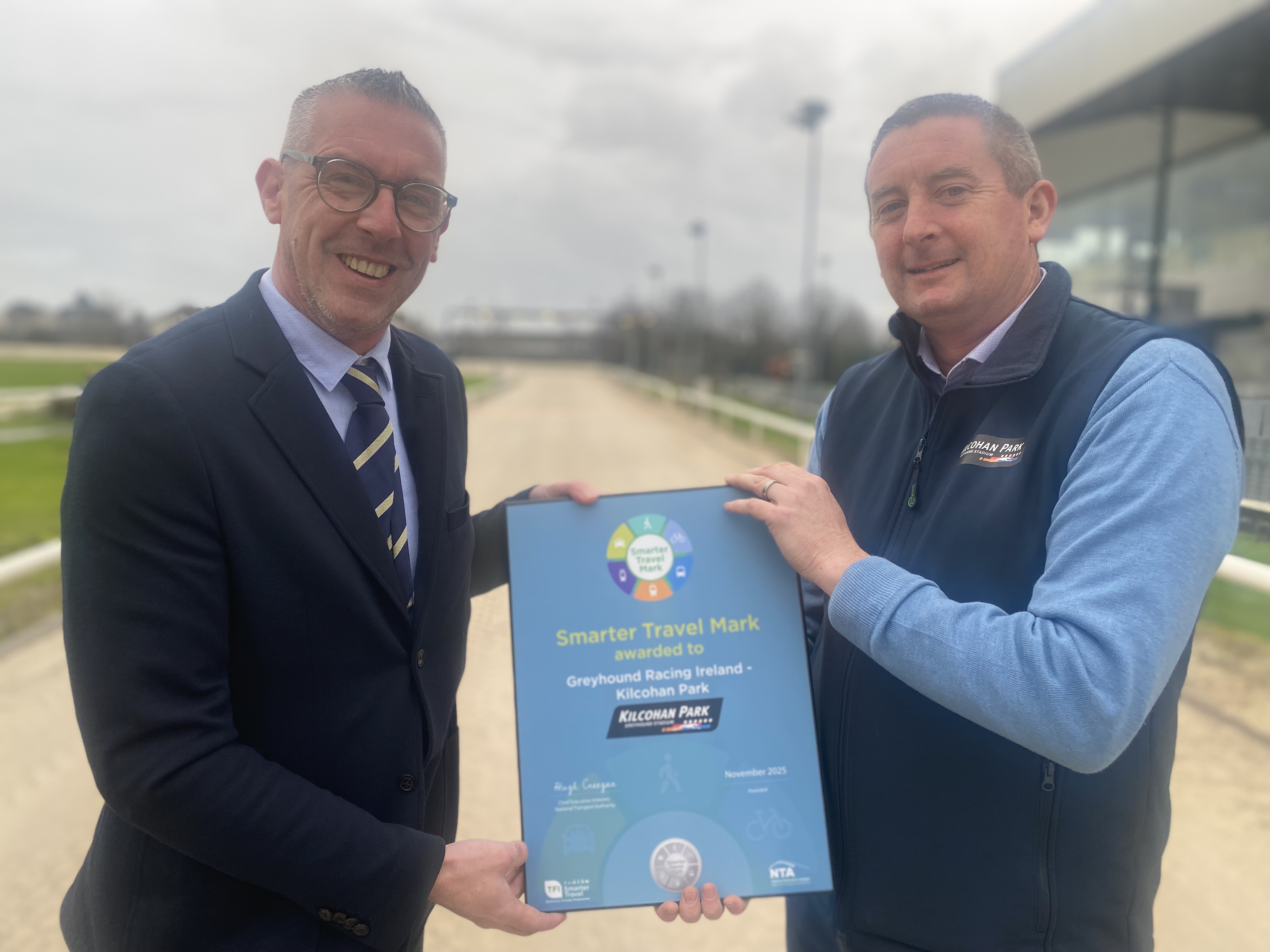 Kilcohan Park Greyhound Stadium Awarded Silver Smarter Travel Award - Thomas Ryan and Niall O'Malley Thomas Ryan (Greyhound Racing Ireland) and Niall O'Malley (Hospitality Manager, Kilcohan Park Greyhound Stadium) on the announcement that Kilcohan Park was awarded the Silver Smarter Travel Award.