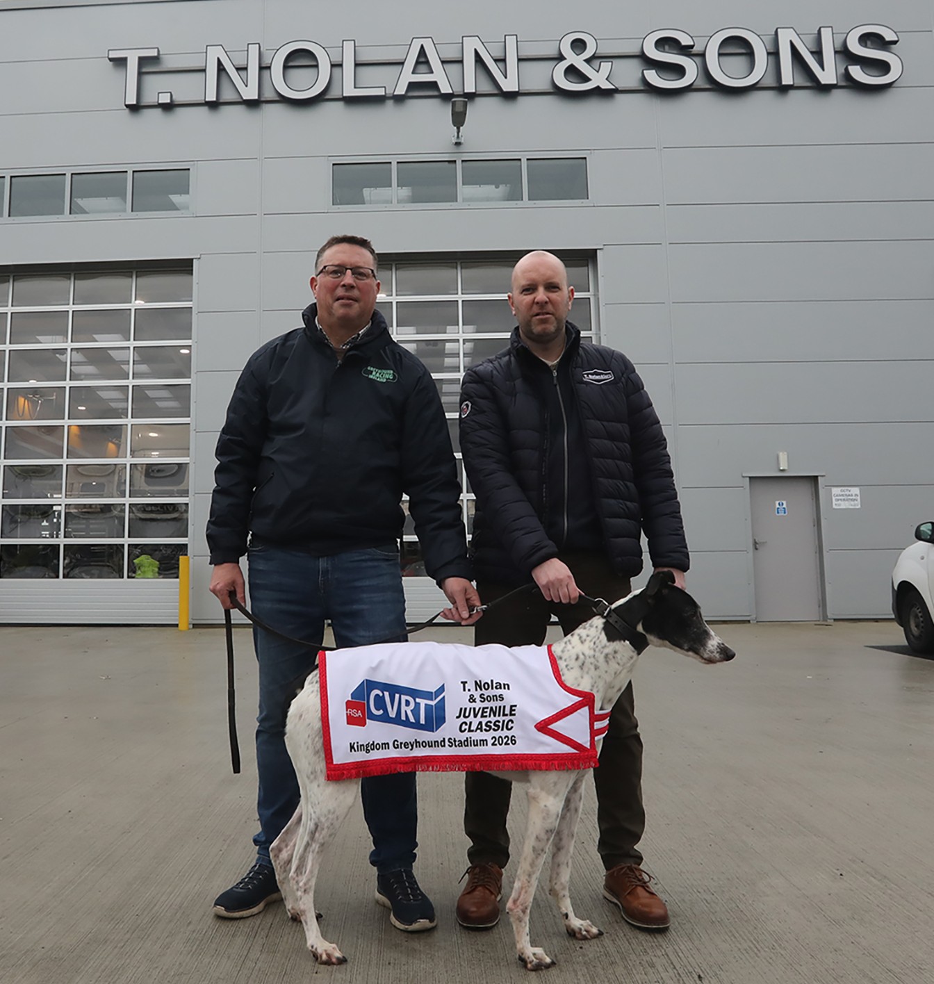 Kieran Casey, Racing Manager at Kingdom Greyhound Stadium,  with Paul Hynan, Sales Manager, T. Nolans and Sons, and their greyhound friend pictured at the new T.Nolans premises in Limerick to launch the sponsorship  of the T. Nolan CVRT Centre Juvenile Classic which gets underway on Friday 13th February