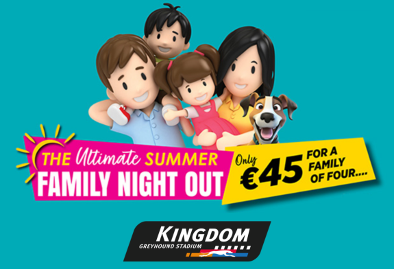 Enjoy a fun night out with the family this summer at Kingdom Greyhound Stadium, with an excellent value offer available this June, July and August Image shows a 3D cartoon family with parents and 2 children and a dog against a teal background and text which highlights the details of the summer family offer available at Kingdom Greyhound Stadium in 2026
