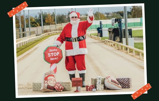 Santa Claus will be a special guest of honour at a Sunday Lunch in Limerick Greyhound Stadium on Sunday 30th November 2025 Image shows Santa Claus waving to camera while standing on the track at Limerick Greyhound Stadium with Christmas gifts