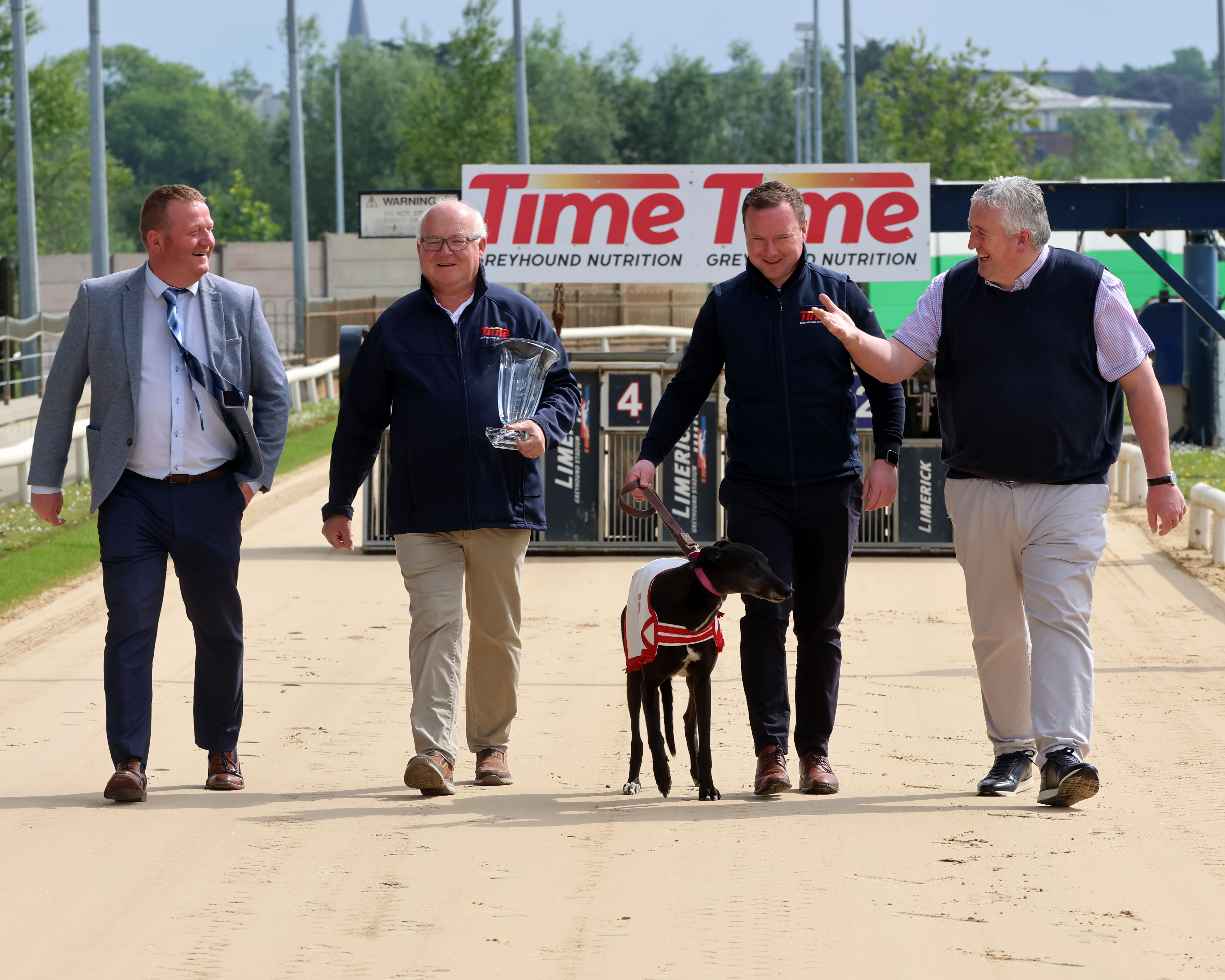 Derek Frehill, Director of Racing, Willlie Rigney and Shane Rigney of Time Greyhound Nutrition, and Jody Thompson of Limerick Greyhound Stadium launching the 2025 Time Club Derby which gets underway on the 30th and 31st May Derek Frehill, Director of Racing, Willlie Rigney and Shane Rigney of Time Greyhound Nutrition, and Jody Thompson of Limerick Greyhound Stadium launching the 2025 Time Club Derby which gets underway on the 30th and 31st May