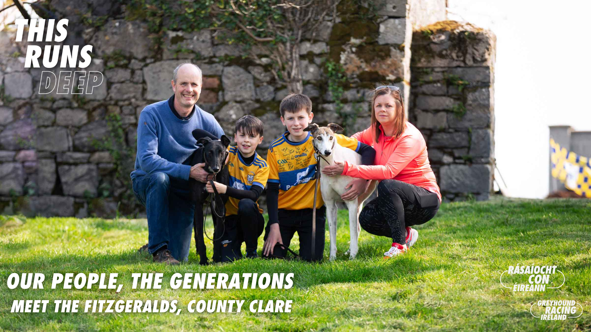 The Fitzgerald family from Parteen Co. Clare photographed with their retired racing greyhounds Holly and Ollie, photographed for the Greyhound Racing Ireland Our People, The Generations series The Fitzgerald family from Parteen Co. Clare photographed with their retired racing greyhounds Holly and Ollie, photographed for the Greyhound Racing Ireland Our People, The Generations series