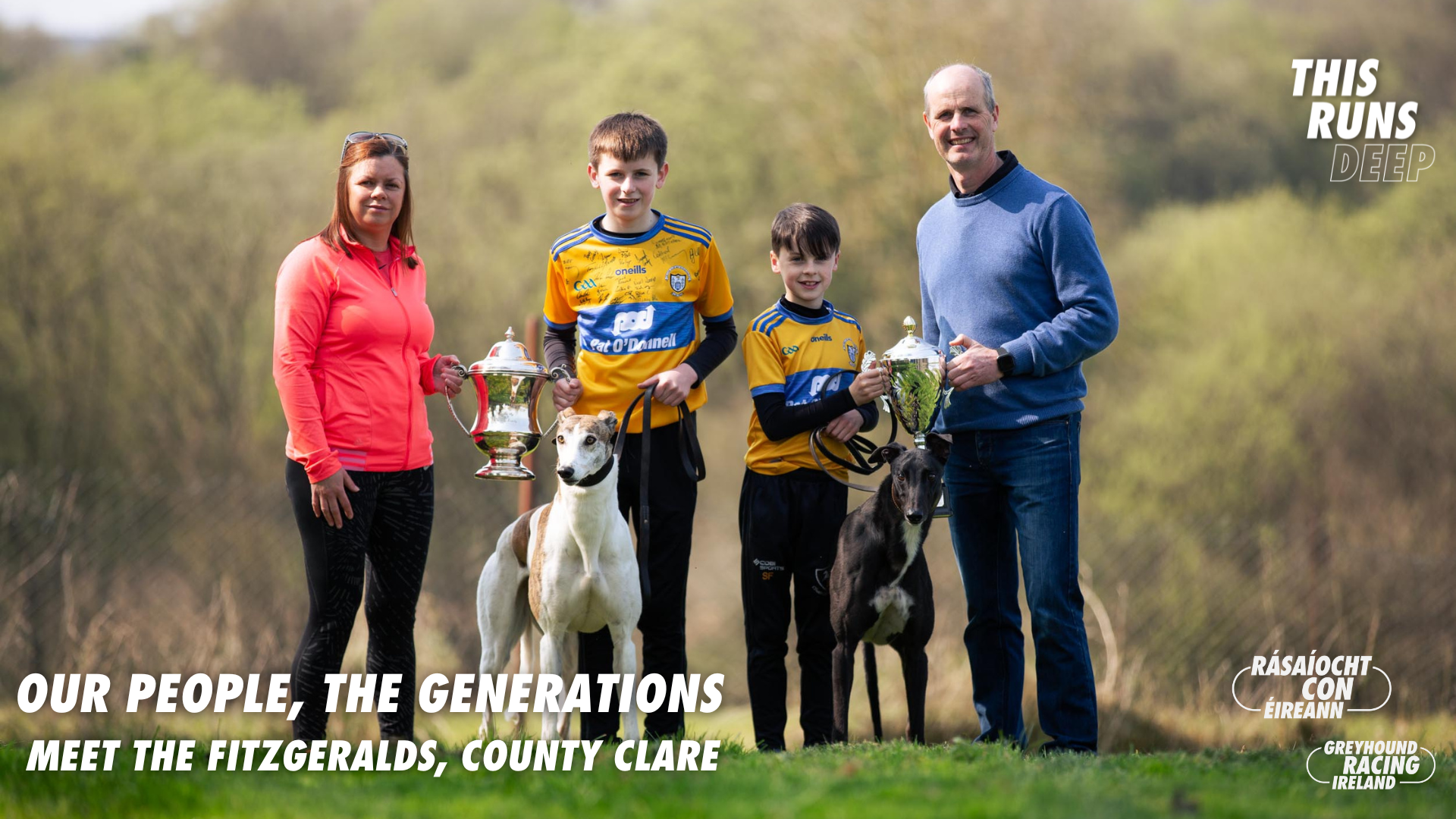 The Fitzgerald family from Parteen Co. Clare photographed with their retired racing greyhounds Holly and Ollie, photographed for the Greyhound Racing Ireland Our People, The Generations series The Fitzgerald family from Parteen Co. Clare photographed with their retired racing greyhounds Holly and Ollie, photographed for the Greyhound Racing Ireland Our People, The Generations series