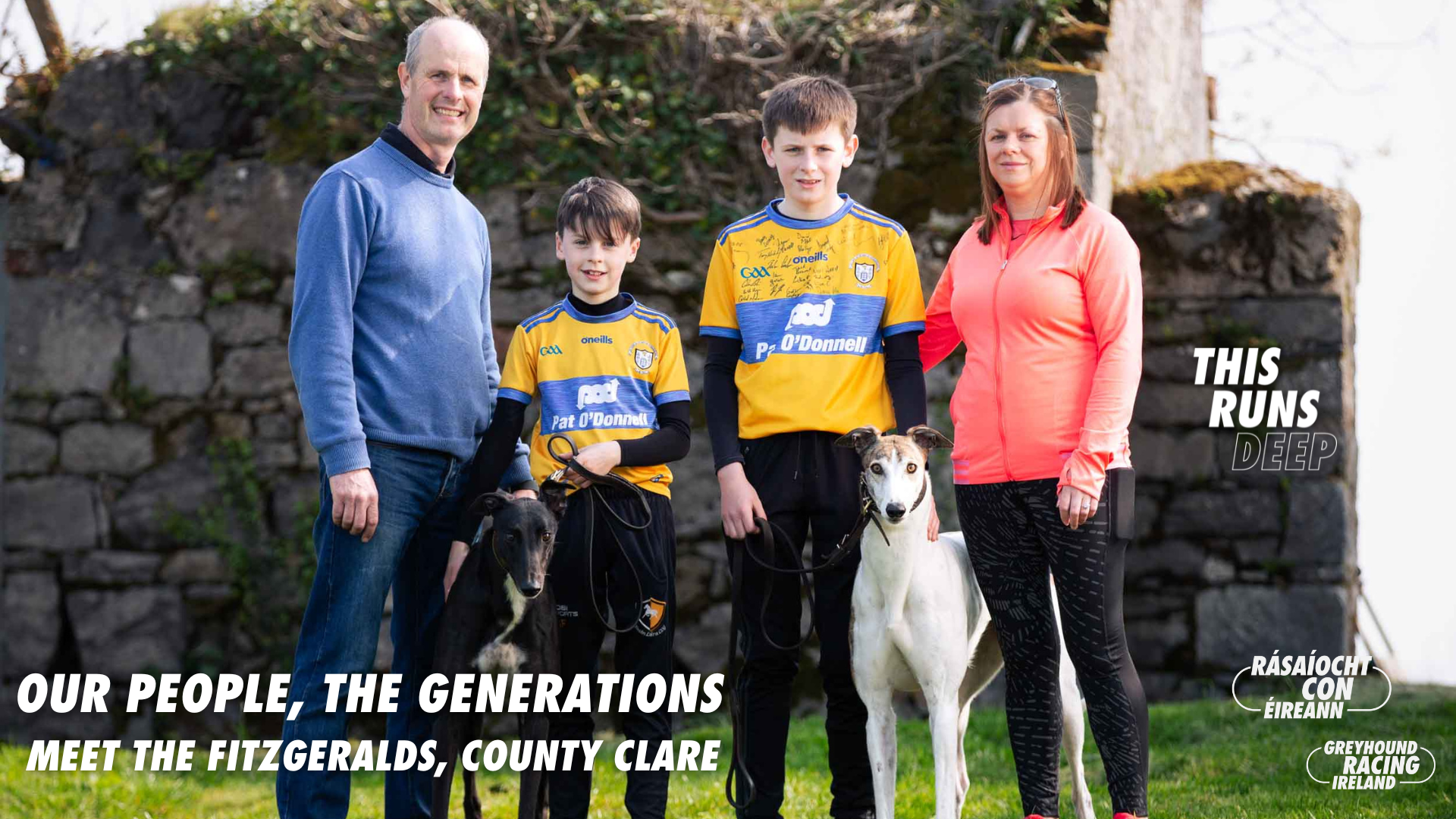 The Fitzgerald family from Parteen Co. Clare photographed with their retired racing greyhounds Holly and Ollie, photographed for the Greyhound Racing Ireland Our People, The Generations series The Fitzgerald family from Parteen Co. Clare photographed with their retired racing greyhounds Holly and Ollie, photographed for the Greyhound Racing Ireland Our People, The Generations series