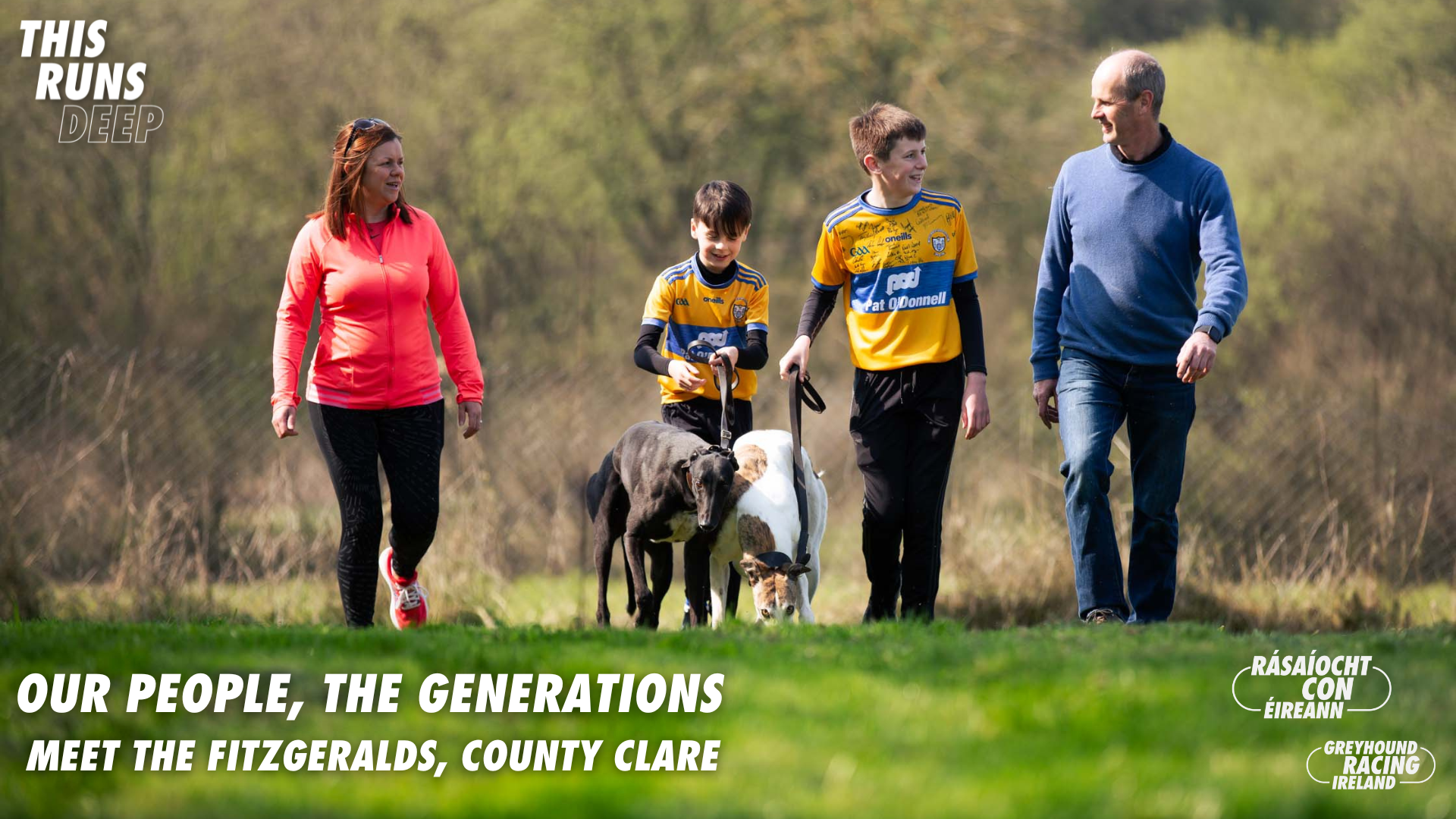 The Fitzgerald family from Parteen Co. Clare photographed with their retired racing greyhounds Holly and Ollie, photographed for the Greyhound Racing Ireland Our People, The Generations series The Fitzgerald family from Parteen Co. Clare photographed with their retired racing greyhounds Holly and Ollie, photographed for the Greyhound Racing Ireland Our People, The Generations series
