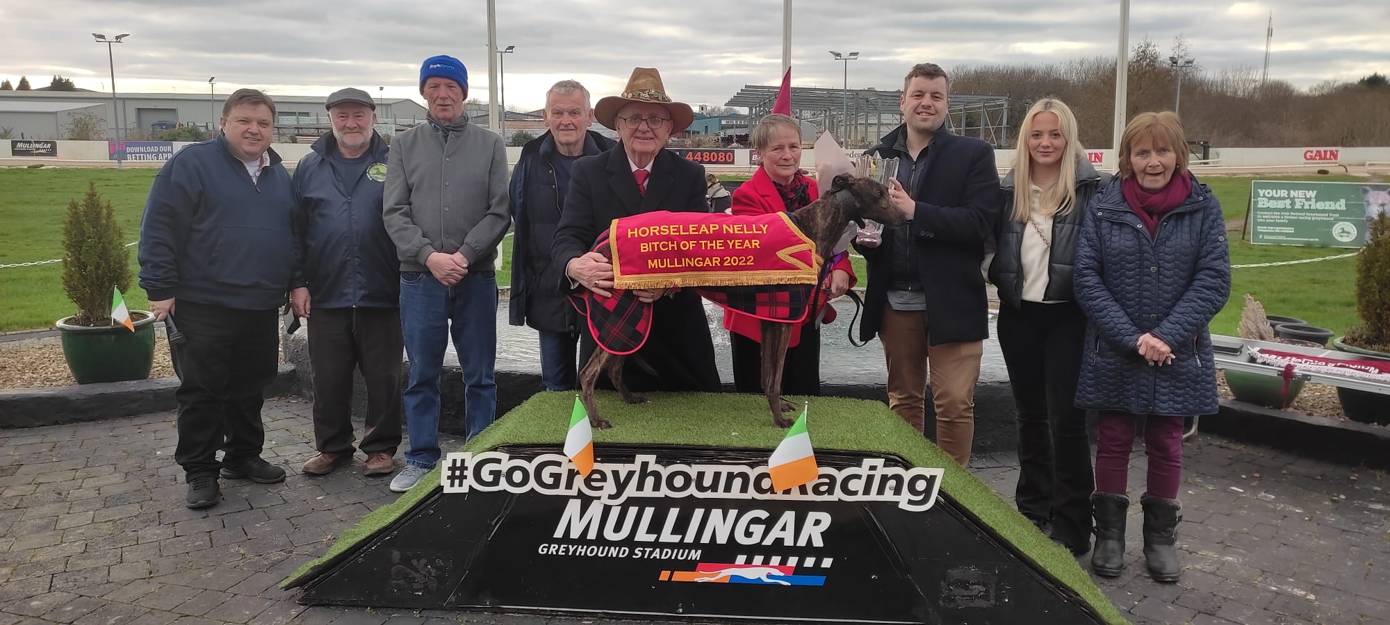 Ann and Sean McGuiness receiving the trophy for RPGTV Mullingar Greyhound of the Year for Horseleap Nelly who is pictured on the winner’s podium. Mark MaGuire makes the presentation on behalf of RPGTV with friends & family of the winners. Ann and Sean McGuiness receiving the trophy for RPGTV Mullingar Greyhound of the Year for Horseleap Nelly who is pictured on the winner’s podium. Mark MaGuire makes the presentation on behalf of RPGTV with friends & family of the winners.