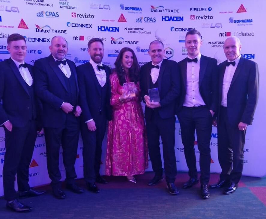 The redevelopment of Shelbourne Park Greyhound Stadium was a double winner at the 2025 Irish Construction Excellence Awards held on Thursday May 1st in the Convention Centre Dublin, taking home Architectural Design Excellence and Project Fit-Out Awards. Pictured are the Project Team from Grant Fit Out, Tara Lamb Architect representing LAM Architects and Tim Lucey CEO of Greyhound Racing Ireland Image showing a group of people involved in the redevelopment project at Shelbourne Park holding two awards following the double win at the 2025 Irish Construction Excellence Awards